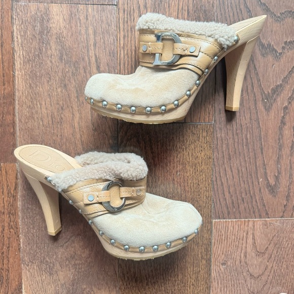 Christian Dior Suede Studded Shearling Mules Clogs Size 37 US 7 - Picture 4 of 5
